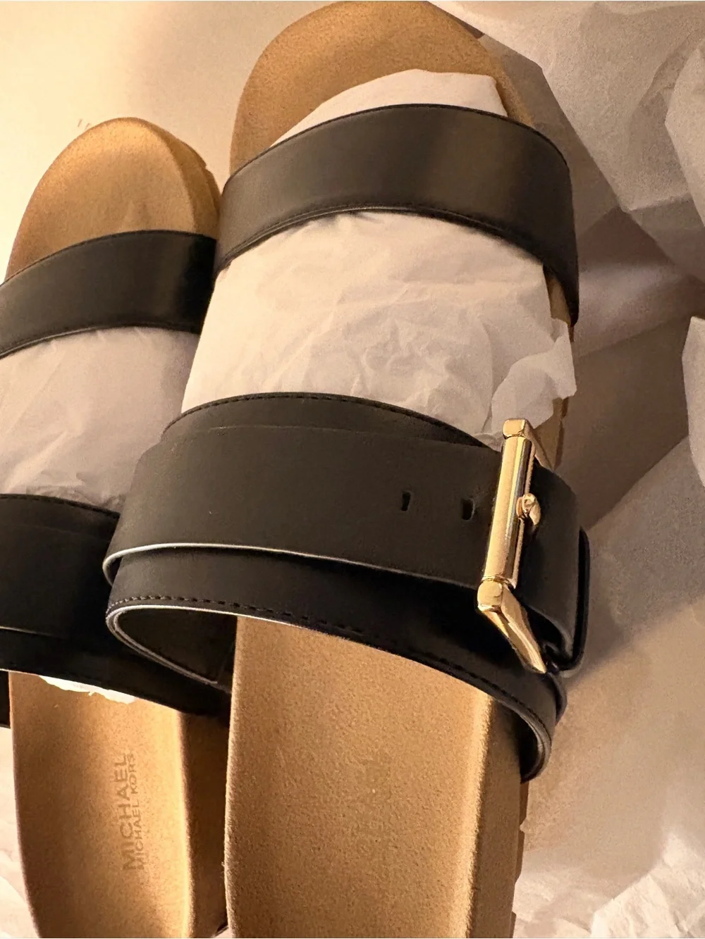 Michael Kors Black Double-Strap Leather Slide Sandals with Gold Footbed